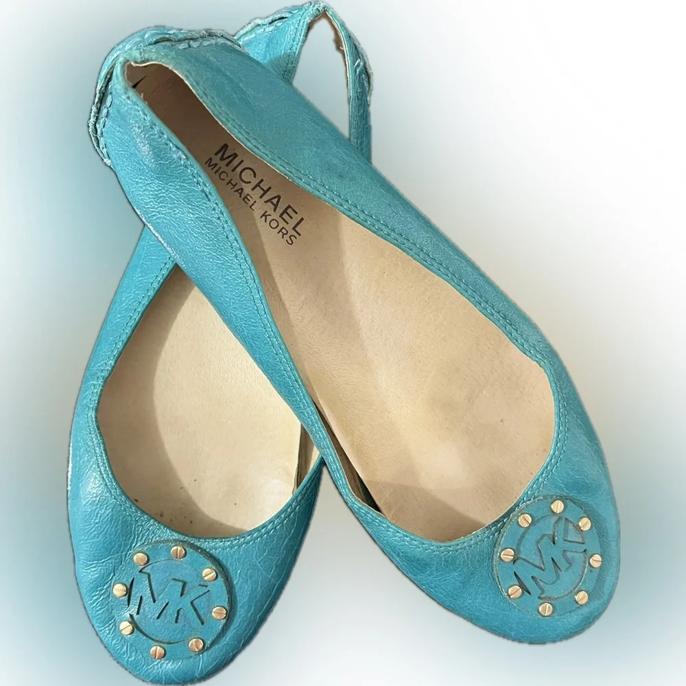 Michael Kors Aqua Blue Flats with Gold Accents- rare and vintage - Picture 1 of 7